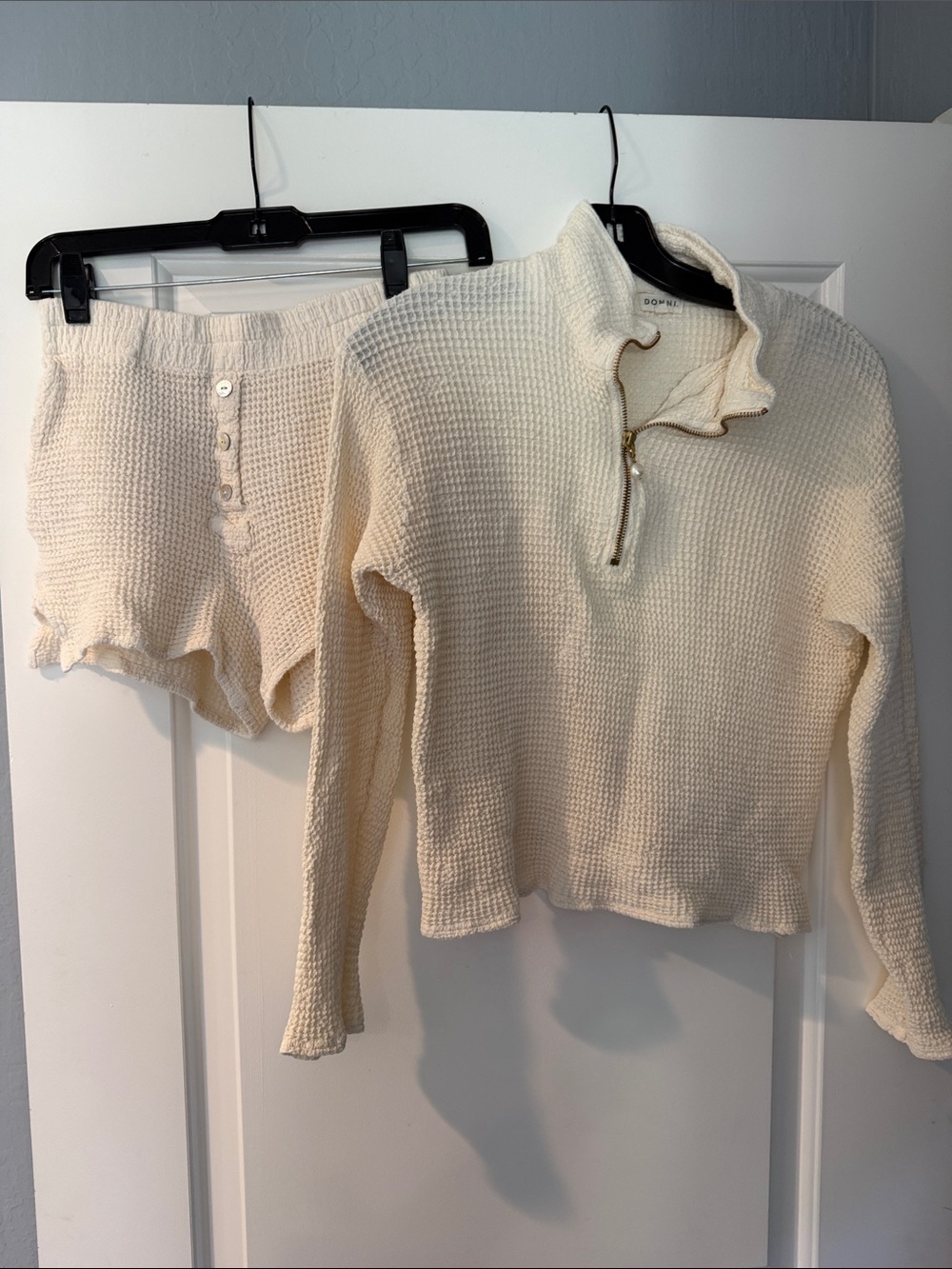 DONNI. Cream Waffle Knit Half-Zip Top & Shorts Set XS